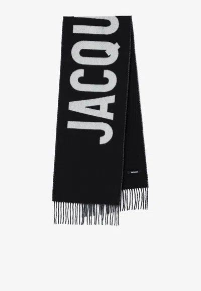 Jacquemus Logo Wool Fringed Scarf In Black