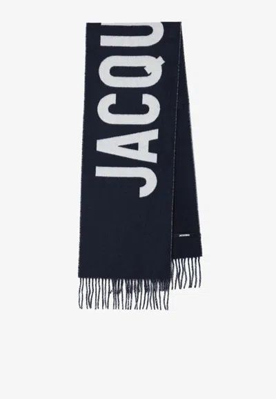 Jacquemus Logo Wool Fringed Scarf In Blue