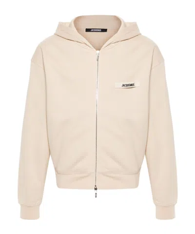 Jacquemus Grosgrain-trimmed Zippered Hoodie With Logo Detail In White