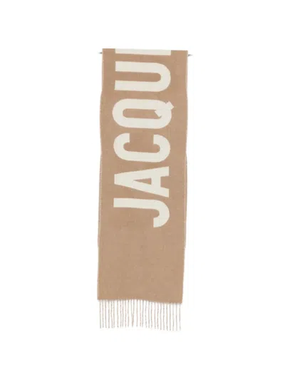 Jacquemus Scarf With Fringe And Jacquard Logo In Brown