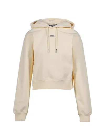 Jacquemus Le Hoodie Gros Grain Beige Cropped Hoodie With Drawstring Hood And Logo Patch On The Front In Cotton In Neutral