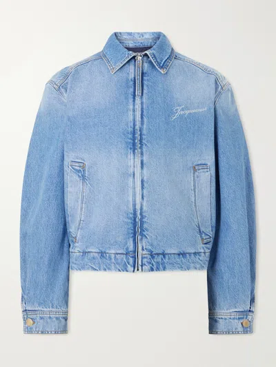 Jacquemus Logo-embroidered Zip-up Denim Jacket In Blue