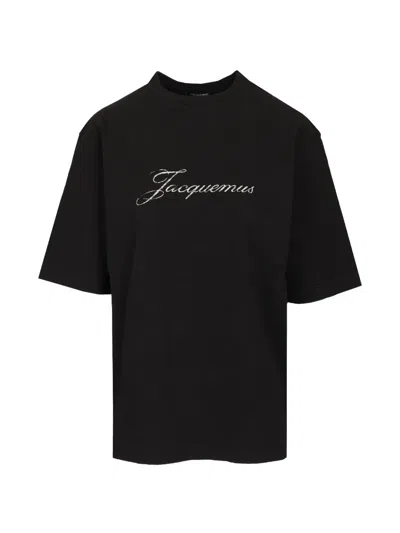 Jacquemus Cotton T-shirt With Contrasting Logo And Dropped Shoulders In Blue