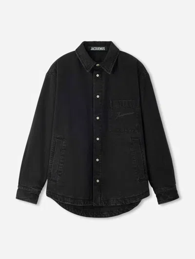 Jacquemus Virgin Wool Long-sleeve Shirt With Embroidered Logo In Black