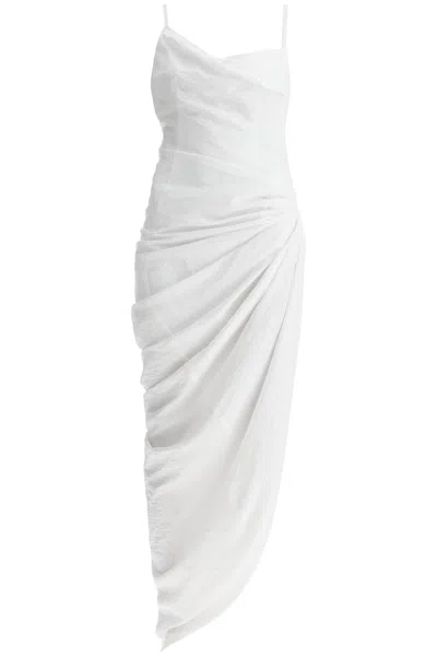 Jacquemus Draped Saudade Midi Dress With Bare Back Design In White