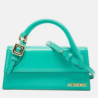 Pre-owned Jacquemus Long Le Chiquito Boucle Turquoise Glossy Leather Top Handle Bag In Green