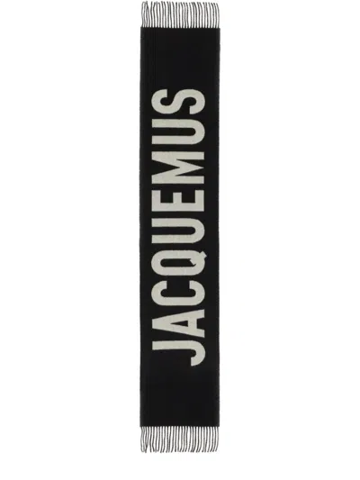 Jacquemus Long Rectangular Wool Scarf With Logo In Black