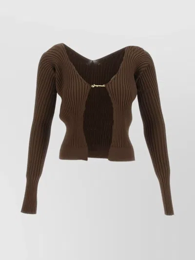 Jacquemus Long Ribbed V Neck Top In Brown