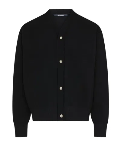 Jacquemus Men Black V-neck Cardigan With J Logo On The Back In Wool Man