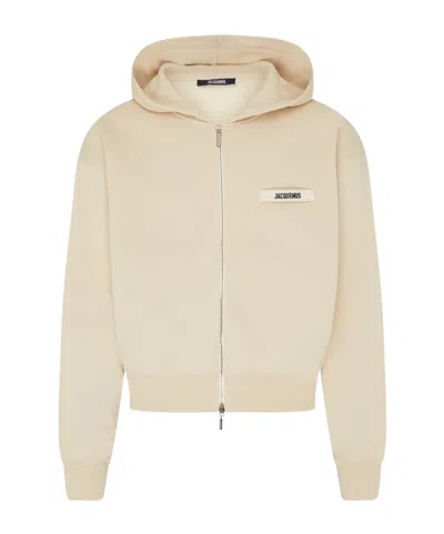 Jacquemus Grosgrain-trimmed Zippered Hoodie With Logo Detail In White