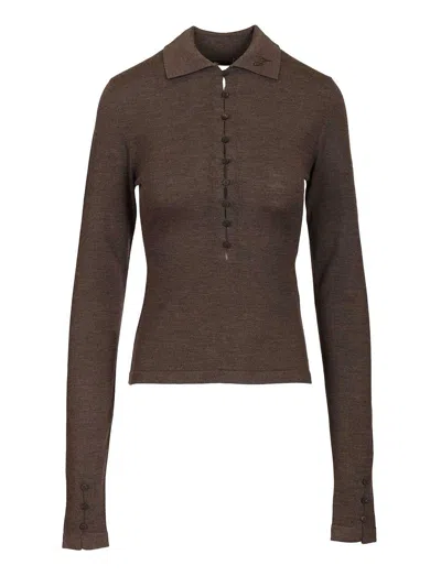 Jacquemus Long-sleeved Merino Wool Polo Shirt Knitwear Brown