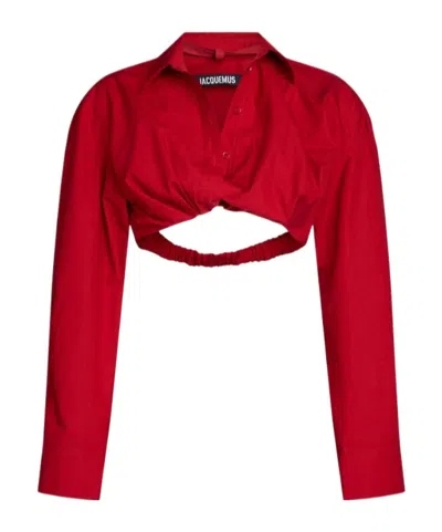 Jacquemus Cropped Cotton Poplin Shirt With Twist Detailing In Red