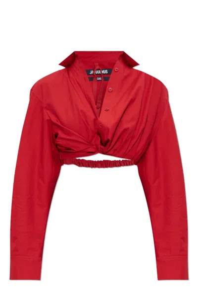 Jacquemus Cropped Cotton Poplin Shirt With Twist Detailing In Red