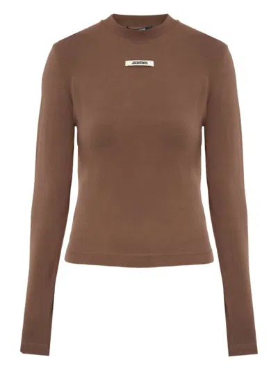 Jacquemus Crew Neck Long Sleeve Ribbed Neckline Tops In Brown