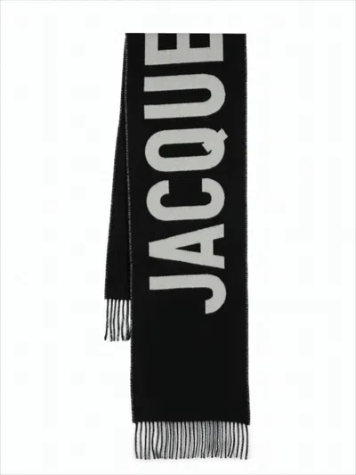 Jacquemus Long Rectangular Wool Scarf With Bold Lettering In Black