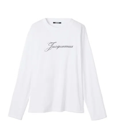 Jacquemus Long Sleeve Crew Neck Cotton Hemp Top In White