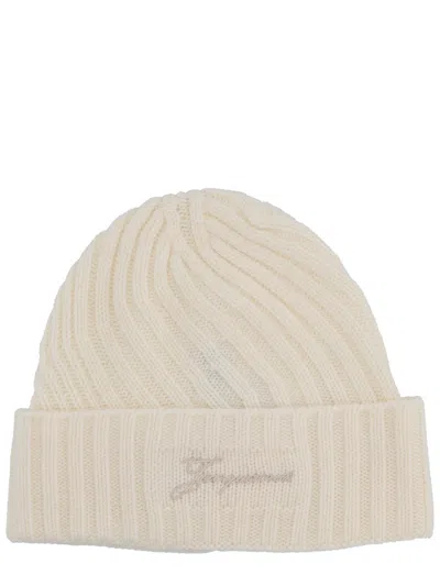 Jacquemus Le Bonnet Tourni White Beanie With Turn-up Brim And Logo Lettering On The Front In Wool Man In Multi