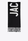 Jacquemus Maxi Logo Wool Fringed Scarf In Black
