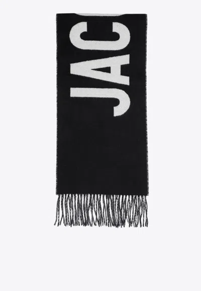 Jacquemus Maxi Logo Wool Fringed Scarf In Black