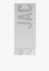 Jacquemus Maxi Logo Wool Fringed Scarf In Gray