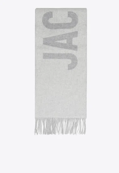 Jacquemus Maxi Logo Wool Fringed Scarf In Gray