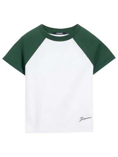 JACQUEMUS JACQUEMUS MC LE MINI WHITE T-SHIRT WITH GREEN SLEEVES