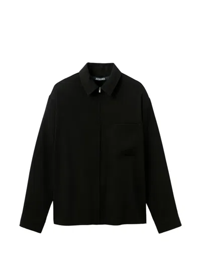 Jacquemus La Chemise Mecano Black Shirt With Zip Closure And Maxi Logo Lettering On The Back In Wool For Men