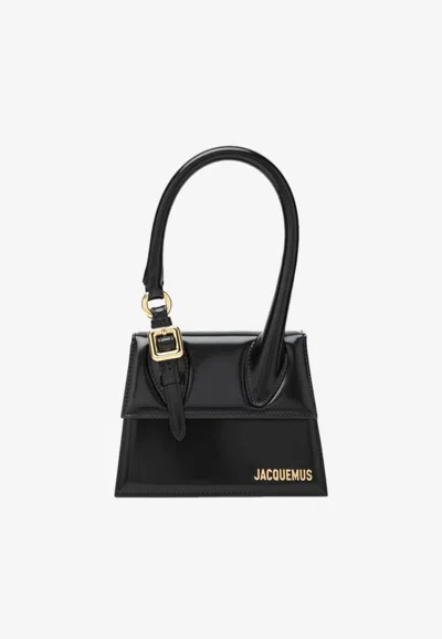 Jacquemus Medium Chiquito Glossy Leather Shoulder Bag In Black