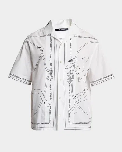 Jacquemus Men & Apos;s The Jean Dog-print Cotton Camp Shirt In White Black