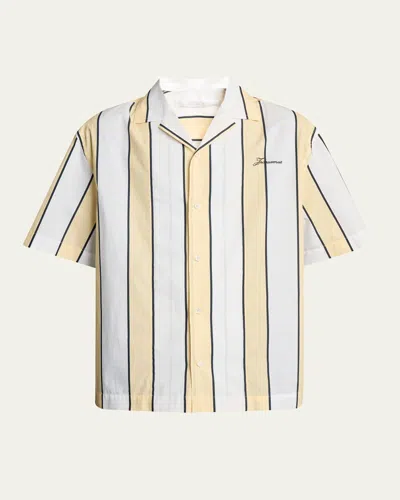 Jacquemus Men's Cotton Stripe Logo Camp Shirt In Neutral