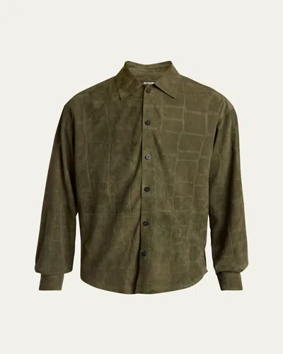 Jacquemus Men's Croc-embossed Leather Sport Shirt In Khaki