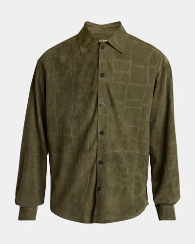 JACQUEMUS MEN'S CROC-EMBOSSED LEATHER SPORT SHIRT