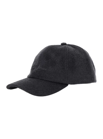 Jacquemus Men Grey Baseball Cap With Logo Lettering Embroidery On The Front In Wool Man In Black