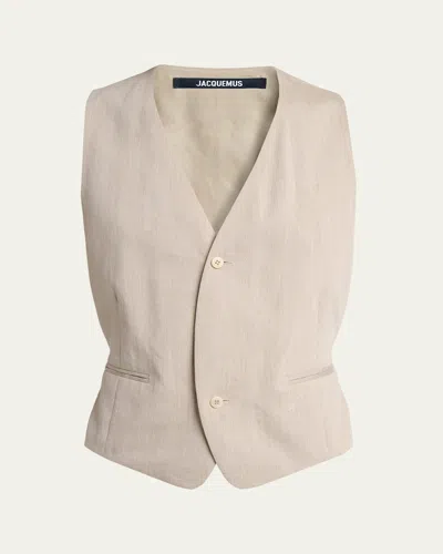 Jacquemus Men's Herringbone Linen-blend Vest In Neutral