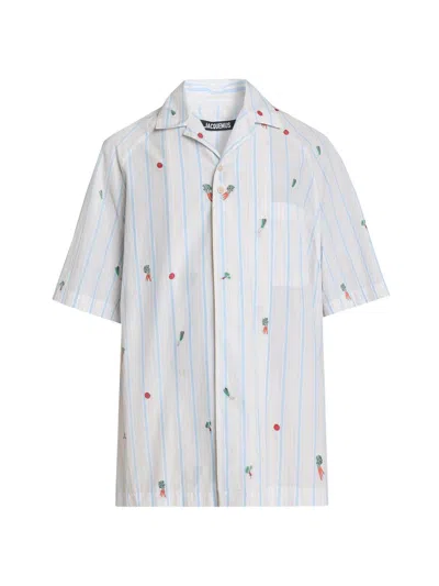 Jacquemus La Chemise Romarin Embroidered Striped Cotton-poplin Shirt In Blue