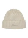 Jacquemus Le Bonnet Tourni White Beanie With Turn-up Brim And Logo Lettering On The Front In Wool Man In Neutral