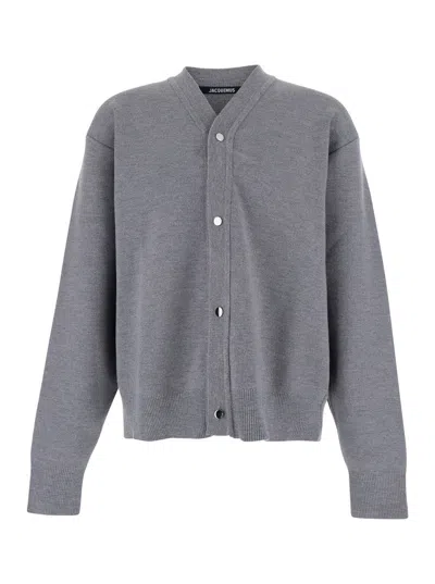 Jacquemus Men Grey V-neck Cardigan With Dropped Shoulders In Cotton Man In Gray
