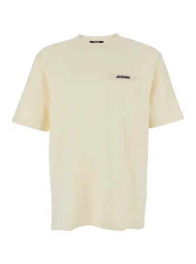 JACQUEMUS JACQUEMUS MEN 'LE T-SHIRT GROS GRAIN' BEIGE T-SHIRT WITH LOGO PATCH ON THE FRONT IN COTTON MAN