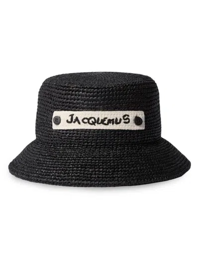 Jacquemus Men's Logo Raffia Bucket Hat In Black