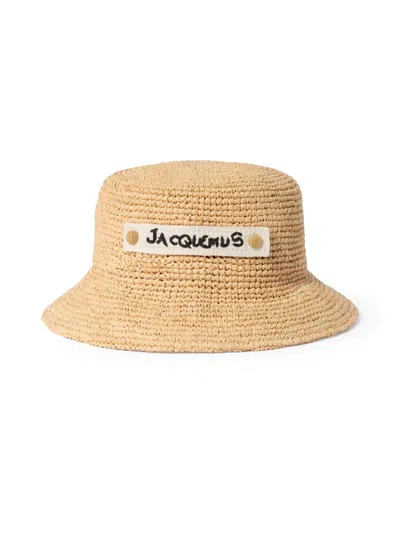 Jacquemus Men's Logo Raffia Bucket Hat In Brown