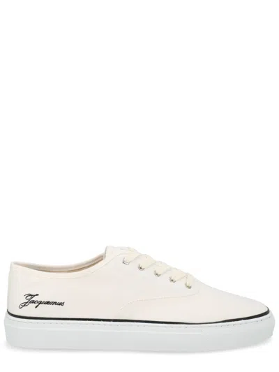 Jacquemus Round Toe Canvas Sneakers With Embroidered Logos In White