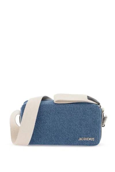 Jacquemus Men's Navy Denim Crossbody Bag With Silver Logo In Blue