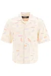 JACQUEMUS MEN'S SHORT SLEEVE SHIRT WITH BOWLING COLLAR AND CONTRASTING LOGO PRINTS