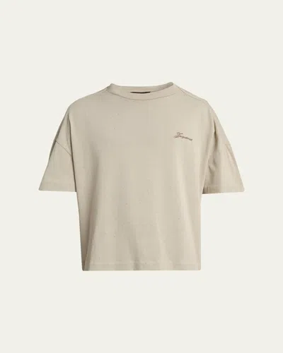 Jacquemus Men's Speckled Cotton-blend Embroidered Logo T-shirt In Neutral