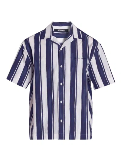 Jacquemus Men's Striped Cotton Camp Shirt In Blue Ecru Stripe