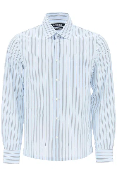 Jacquemus Men's Vertical Striped Shirt With Printed Logo Lettering In Multicolor