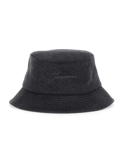 Jacquemus Men's Wool Bucket Hat With Embroidered Logo Lettering And Ribbed Brim In Grey