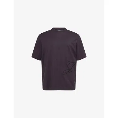 Jacquemus Mens Logo-embroidered Cotton T-shirt Dark Navy In Purple