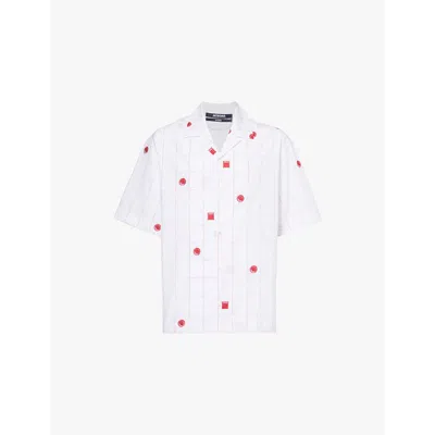 Jacquemus 'la Chemise Jean' White Shirt With Cuban Collar And All-over Logo Motif In Multicolor
