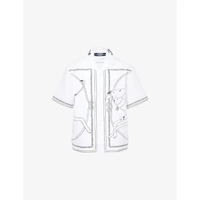JACQUEMUS MENS PRINT DOG WHITE/BLACK LA CHEMISE JEAN GRAPHIC-PRINT COTTON SHIRT